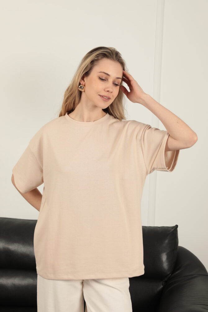 Sıfır Yaka Oversize İki İplik Tişört - Bej - Görsel 5