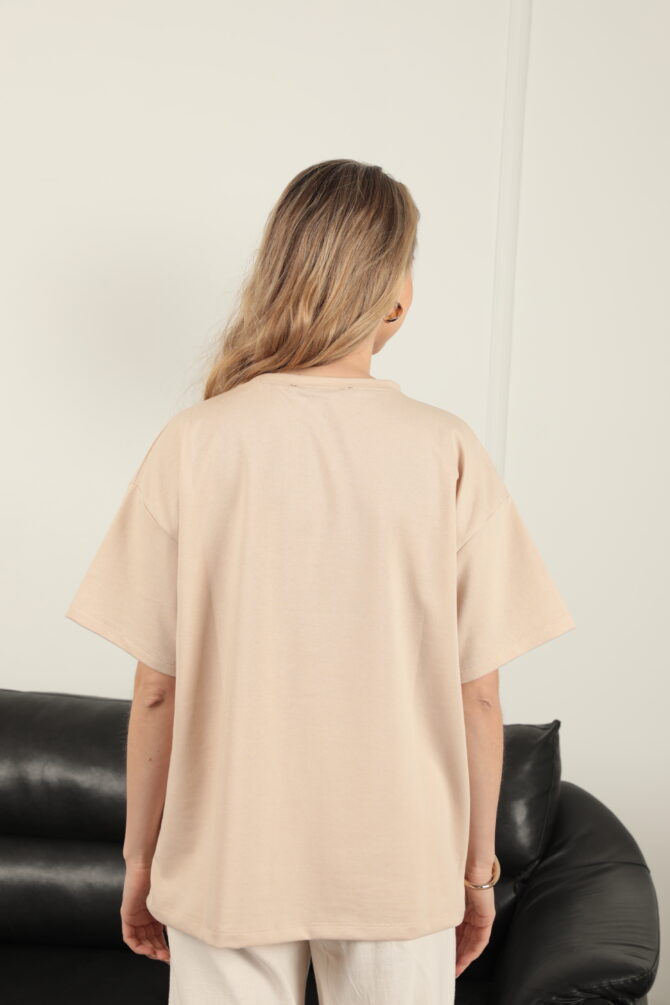Sıfır Yaka Oversize İki İplik Tişört - Bej - Görsel 8