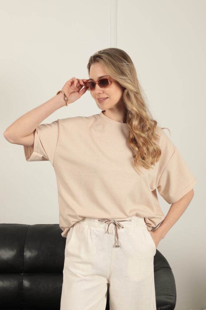 Sıfır Yaka Oversize İki İplik Tişört - Bej - Görsel 7