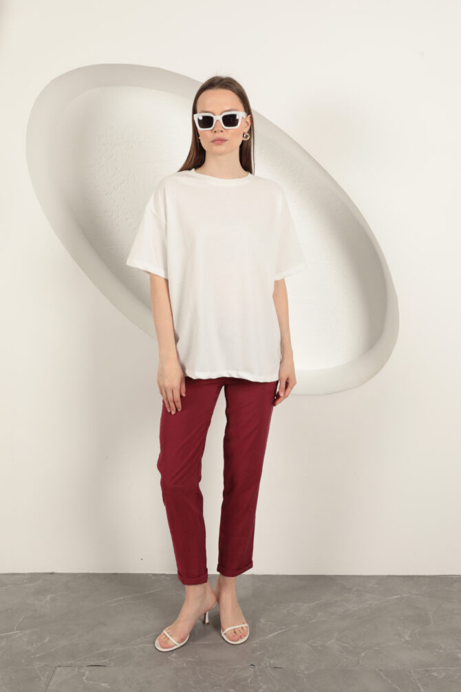 Sıfır Yaka Oversize İki İplik Tişört - Ekru