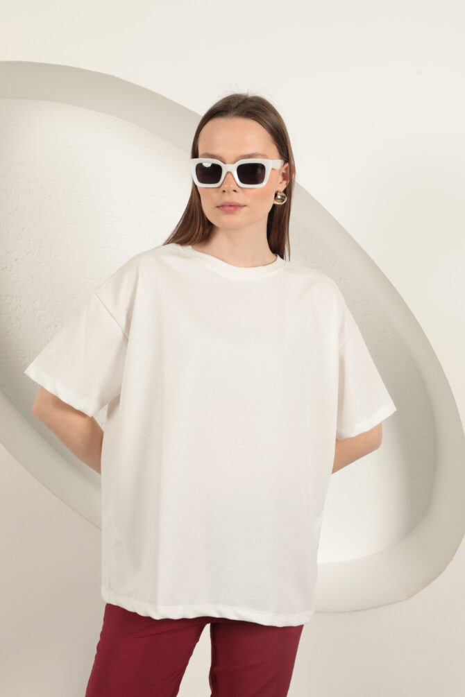 Sıfır Yaka Oversize İki İplik Tişört - Ekru - Görsel 4