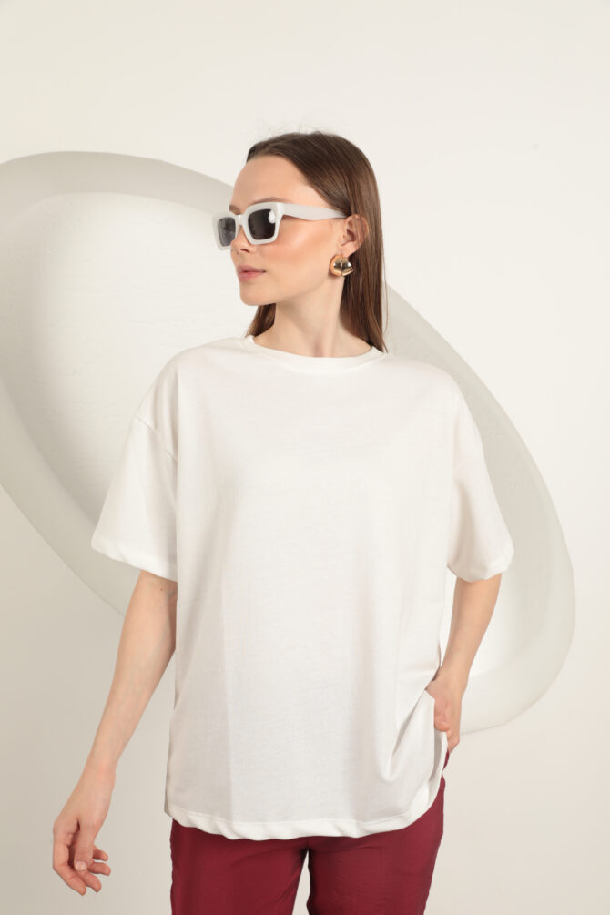 Sıfır Yaka Oversize İki İplik Tişört - Ekru - Görsel 5