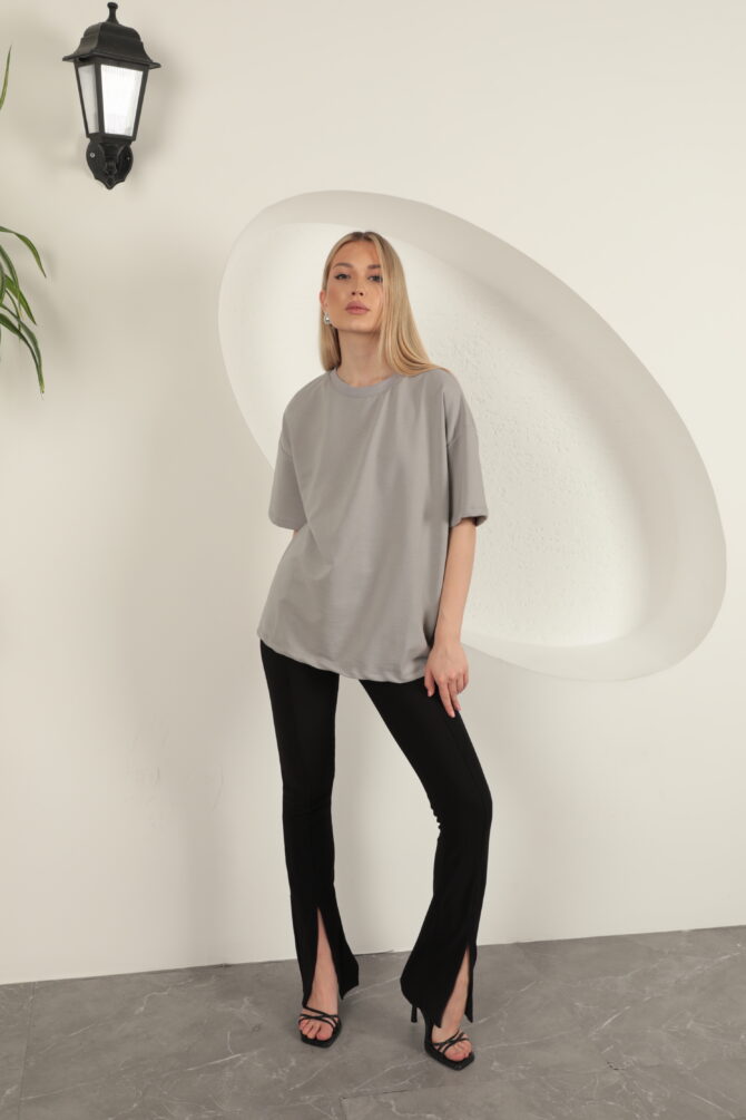 Sıfır Yaka Oversize İki İplik Tişört - Gri