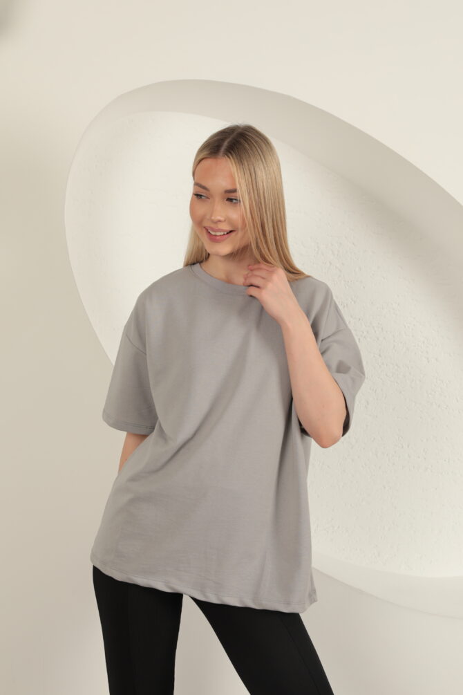 Sıfır Yaka Oversize İki İplik Tişört - Gri - Görsel 4