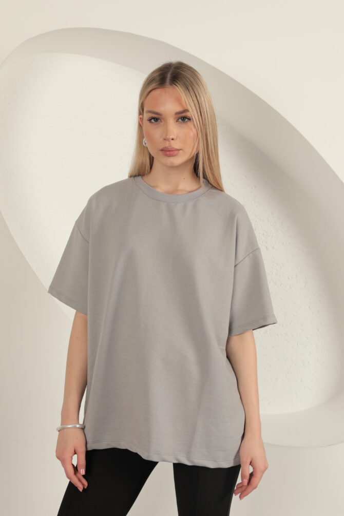 Sıfır Yaka Oversize İki İplik Tişört - Gri - Görsel 2