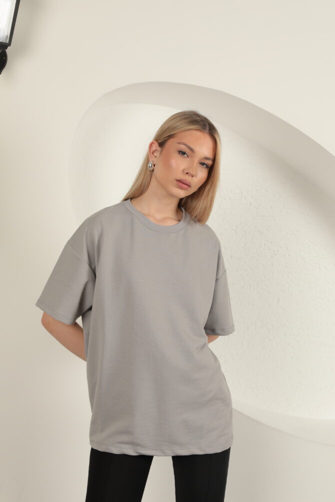 Sıfır Yaka Oversize İki İplik Tişört - Gri - Görsel 5