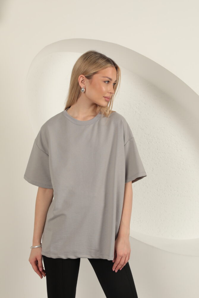 Sıfır Yaka Oversize İki İplik Tişört - Gri - Görsel 6