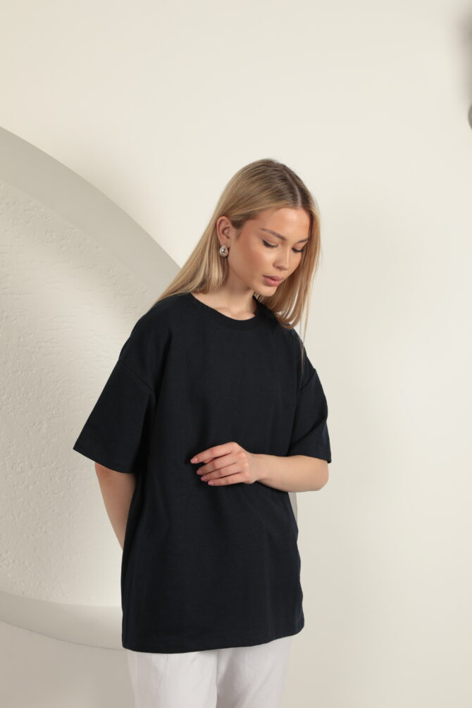 Sıfır Yaka Oversize İki İplik Tişört - Lacivert - Görsel 5
