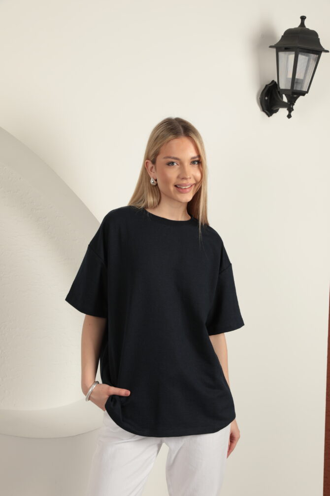 Sıfır Yaka Oversize İki İplik Tişört - Lacivert - Görsel 4