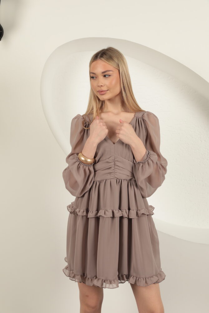 Şifon Kumaş Mini Elbise - Vizon - Görsel 10