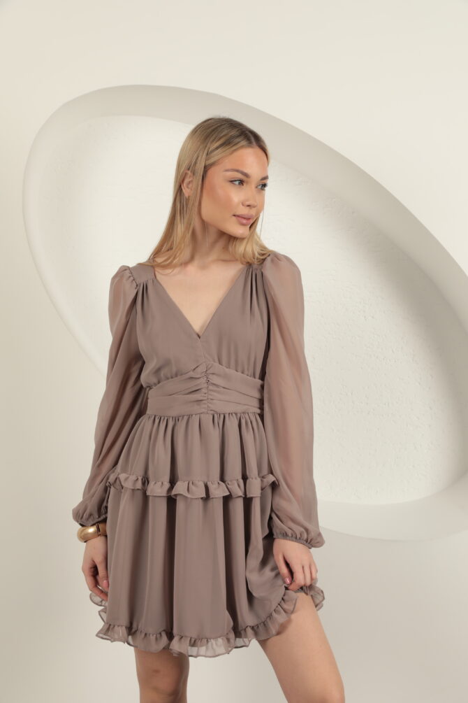 Şifon Kumaş Mini Elbise - Vizon - Görsel 8