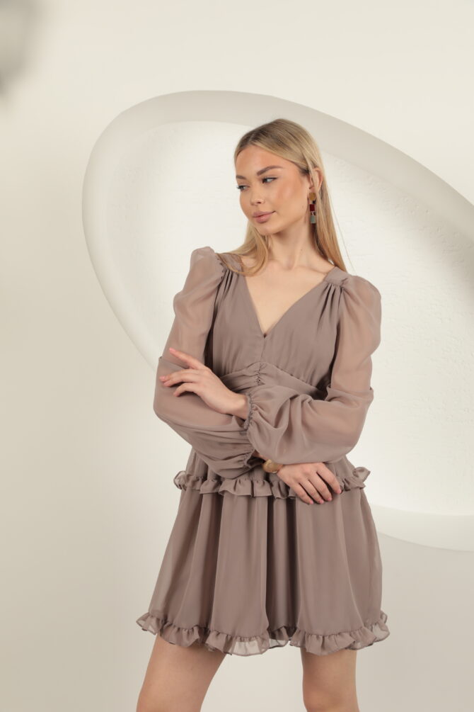 Şifon Kumaş Mini Elbise - Vizon - Görsel 9