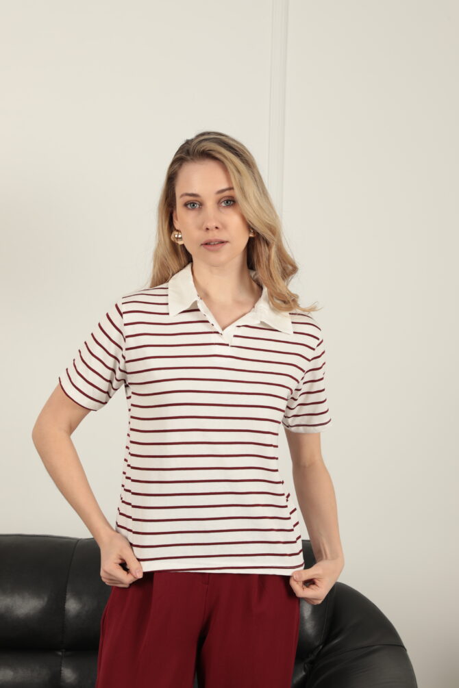 Süprem Kumaş Çizgili Polo Yaka Tişört - Bordo - Görsel 4