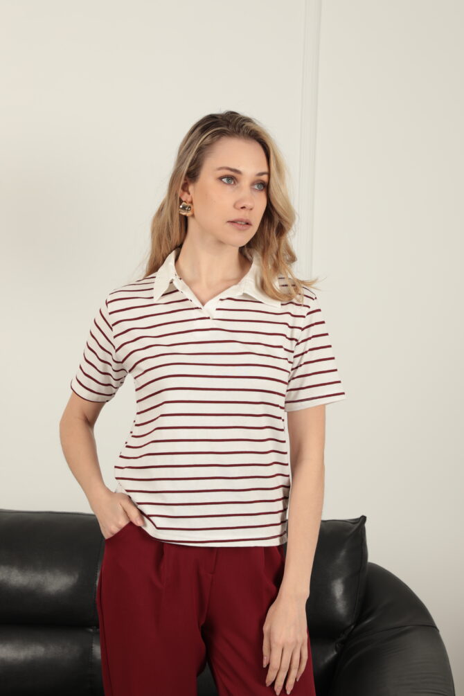 Süprem Kumaş Çizgili Polo Yaka Tişört - Bordo - Görsel 6