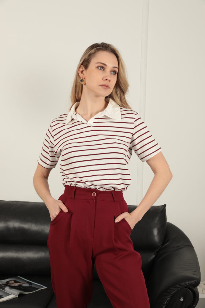 Süprem Kumaş Çizgili Polo Yaka Tişört - Bordo - Görsel 2