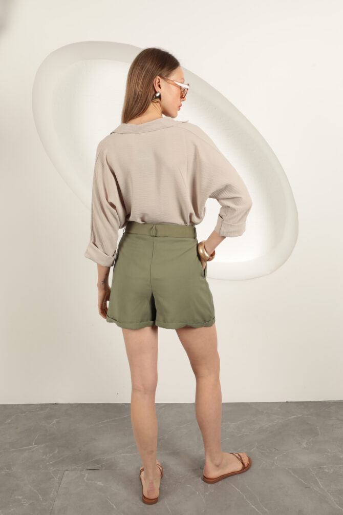 Tencel Kumaş Şort - Haki Yeşili - Görsel 4