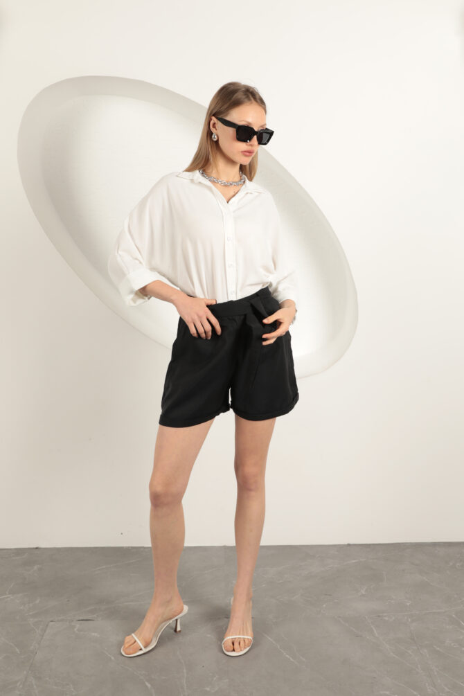 Tencel Kumaş Şort - Siyah - Görsel 3