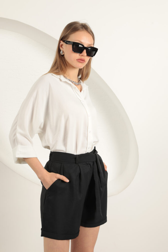 Tencel Kumaş Şort - Siyah - Görsel 6